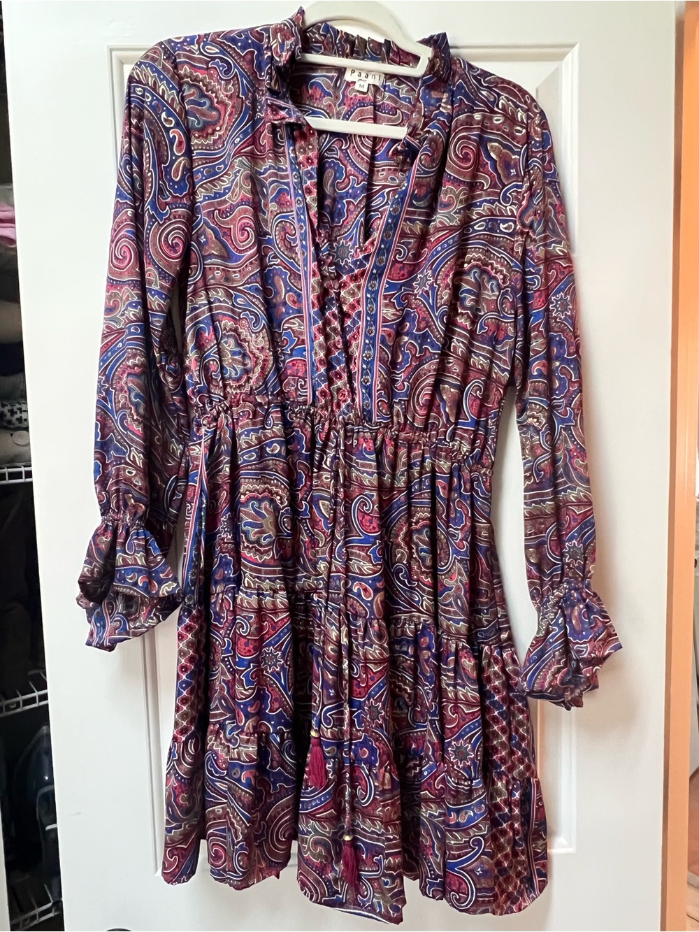 Paisley Print Long Sleeve Tiered Dress - Pink & Blue